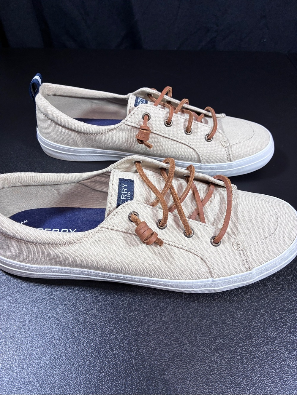 Sperry Beige Canvas Boat Shoes with Brown Leather Laces - Picture 7 of 12